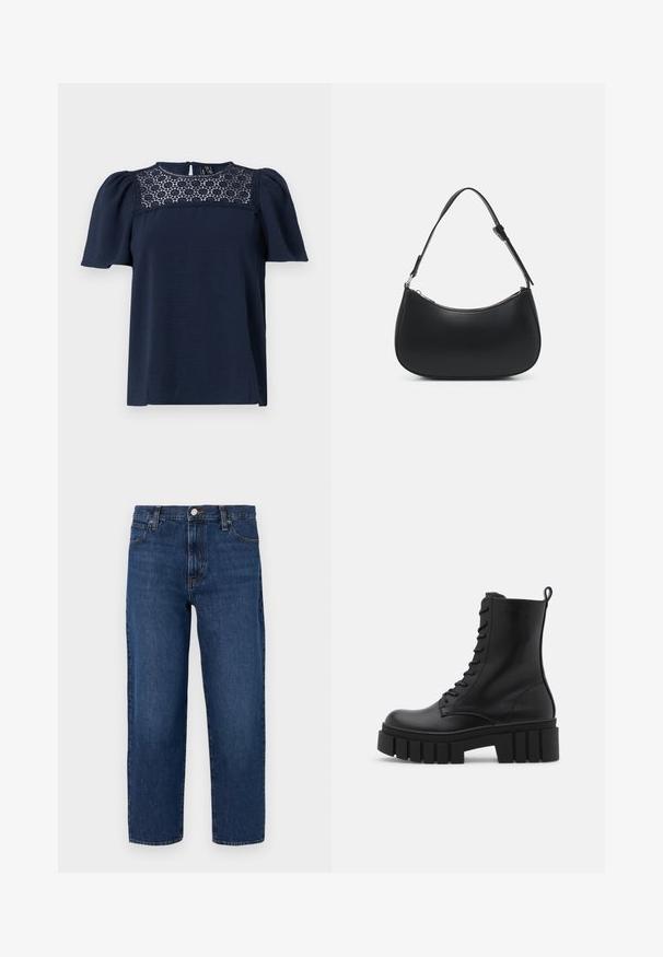 Haut bleu marine à manches courtes avec un corps texturé et un panneau en dentelle au niveau du col. Fermeture à boutons au dos, manches légèrement bouffantes.; Jean en denim bleu foncé avec une coupe décontractée, jambes droites, design à cinq poches, fermeture à bouton à l'avant et détails de couture subtils.; Bottines en cuir noir avec semelle épaisse et rainurée, devant à lacets et tirette sur fond blanc lisse.; Pieces PCALUANA SHOULDER BAG - Sac à main - black