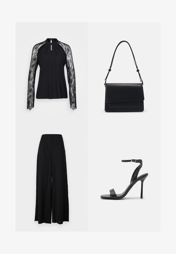 Blusa negra con mangas largas de encaje, escote alto y detalle de ojal en la parte delantera. La tela del cuerpo suave contrasta con la intrincada textura del encaje.; Pantalones de pierna ancha negros, confeccionados con una tela texturizada, que presentan una cintura alta con pliegues y bordes limpios para una silueta elegante.; Sandalia negra de tacón alto con una correa delgada en el tobillo y dos bandas en la parte frontal. Hecha de cuero suave con una punta afilada y tacón de aguja.; Pieces PCNIBINA HARMONICA CROSS BODY - Bandolera - black