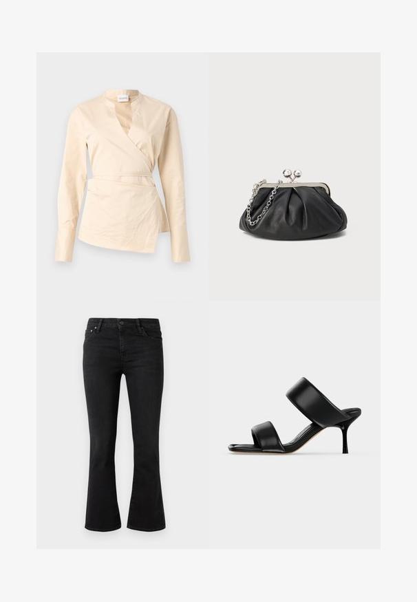 Beige Wickelbluse aus Baumwolle, mit langen Ärmeln, einem tiefen V-Ausschnitt und einer seitlichen Bindung für Form und Struktur.; Schwarze ausgestellte Jeans aus Denim-Stoff, mit einem klassischen 5-Taschen-Design, Knopfverschluss vorne und leichtem Verblassen an den Oberschenkeln.; Schwarze Leder-Mule-Sandale mit zwei breiten Riemen und einem schlanken, mittelhohen Stilettoabsatz auf einem schlichten hellen Hintergrund.; Schwarze Leder-Clutch mit geraffter Textur, silberfarbener Metallrahmen, Druckverschluss und Kettenriemen. Glatte, weiche Oberfläche.