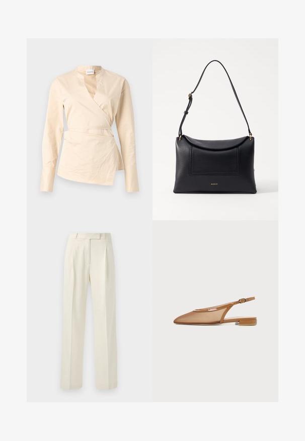 Chemise wrap beige en coton, dotée de manches longues, d'un profond décolleté en V et d'un détail de lien sur le côté pour la forme et la structure.; Pantalons couleur crème avec une coupe ajustée, présentant un devant plat, des plis et des jambes droites, fabriqués dans un tissu doux et texturé.; Chaussure plate à bride arrière marron avec bout pointu, fine bride avec boucle et petit talon bloc sur fond blanc.; Sac en cuir noir au design structuré, avec un rabat sur le dessus et une poche avant. Il est doté d'une sangle fine et d'accents en matériel doré.