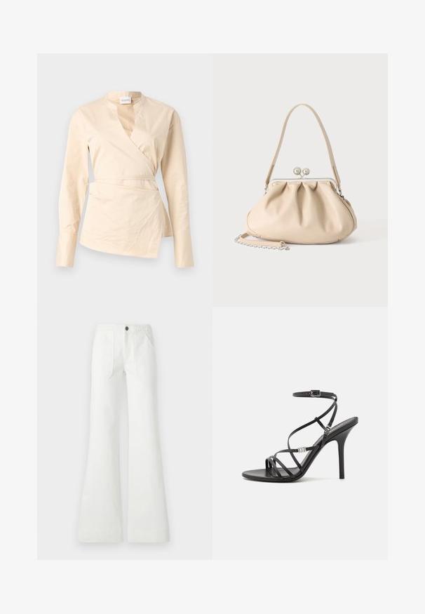 Chemise wrap beige en coton, dotée de manches longues, d'un profond décolleté en V et d'un détail de lien sur le côté pour la forme et la structure.; Pantalon évasé blanc en tissu tissé, avec une ceinture tressée, deux poches avant et une texture lisse. Fermé avec un bouton noir.; Sandale noire à talons hauts avec des brides fines, une boucle à la cheville, une surface en cuir lisse et un talon aiguille élancé.; Sac à main en cuir souple beige avec un fermoir en métal argenté, une bandoulière simple et une bandoulière chaîne optionnelle sur fond blanc.