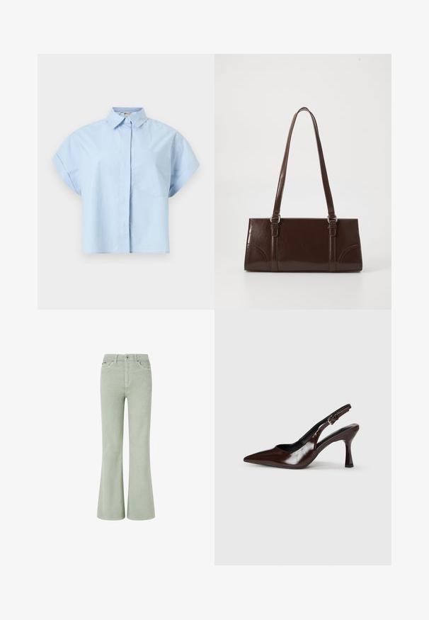 Chemise bleu clair à manches courtes avec col, boutons avant dissimulés et une poche poitrine unique, présentée sur un fond uni.; Jean en velours côtelé vert évasé avec une taille mi-haute, comprenant des poches avant, une fermeture à bouton et une texture douce.; Talons slingback en cuir verni brun avec un bout pointu, un talon fin, et une sangle réglable avec une petite boucle.; Sac à main en cuir verni marron de forme rectangulaire, avec deux longues poignées et des accents courbés subtils à l'avant.