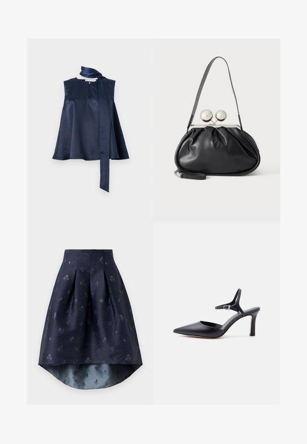 Marine satin mouwloos top met een keyhole-detail, vloeiende ontwerp en een lange sjaalknoop bij de hals, met een soepele textuur en val.; Marineblauwe high-low rok met plooien en een subtiel patroon van speelkaartsymbolen in een iets glanzende stof.; Zwarte pumps met spits toelopende neus, dunne enkelriem en zilveren gesp, glad lederen afwerking, elegante damesschoen.; Zwarte leren handtas met een geplooid ontwerp, een enkele schouderband, zilverkleurige metalen omlijsting en twee grote ronde zilveren sluitingen.
