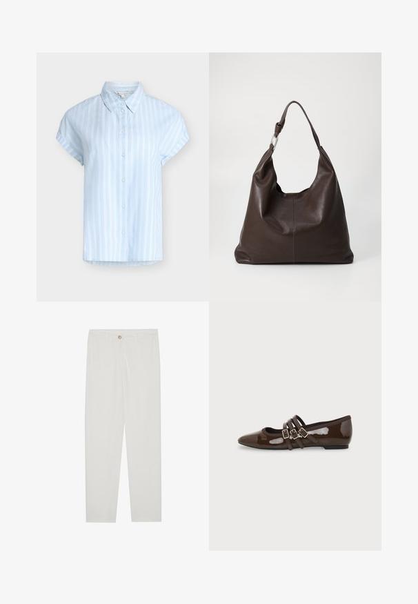 Chemise bleu clair à manches courtes avec boutons, rayures verticales blanches et col classique, taille petite.; Pantalon blanc sur mesure avec une coupe droite, doté d'une fermeture à bouton, de passants de ceinture et de poches latérales ; texture de tissu lisse.; Chaussure plate en cuir verni marron avec bout pointu et trois brides ajustables à boucle sur le côté, vue du profil extérieur.; Zign LEATHER - Cabas - chocolate brown