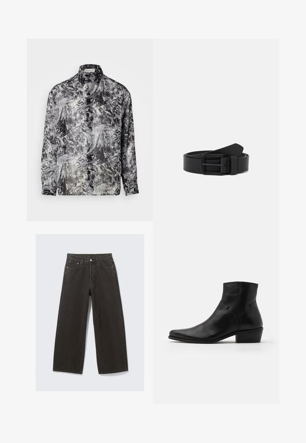 Knappe skjorte i et sort-hvidt abstrakt mønster. Har en klassisk krave, lange ærmer og en let, gennemsigtig stoftekstur.; Bredde ben sorte denim jeans har høj talje, fem-lomme design og knaplukning foran. Stoffet har en blød, tekstureret overflade.; Sort læder ankelstøvle med spids tå, minimale syninger, en mellem-høj blokhælt og en glat, poleret finish.; Sort læderbælte med en mat overflade, rektangulær metalspænde og en glat tekstur. Har et enkelt design uden synlige mønstre.