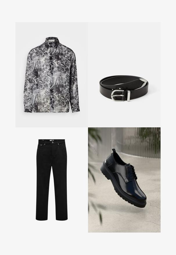 Chemise à boutons en motif abstrait noir et blanc. Caractérisée par un col classique, des manches longues et une texture de tissu léger et transparent.; Jeans noirs à jambes droites avec poches avant, passants pour ceinture, fermeture par bouton et détails de coutures visibles.; Chaussure en cuir noir avec une finition brillante, bout rond, design à lacets, surpiqûres contrastantes, et semelle épaisse en caoutchouc avec motifs de relief.; Ceinture en cuir noir avec une boucle en métal argenté, présentant un design classique et une texture lisse. Comprend des trous pour un ajustement flexible.