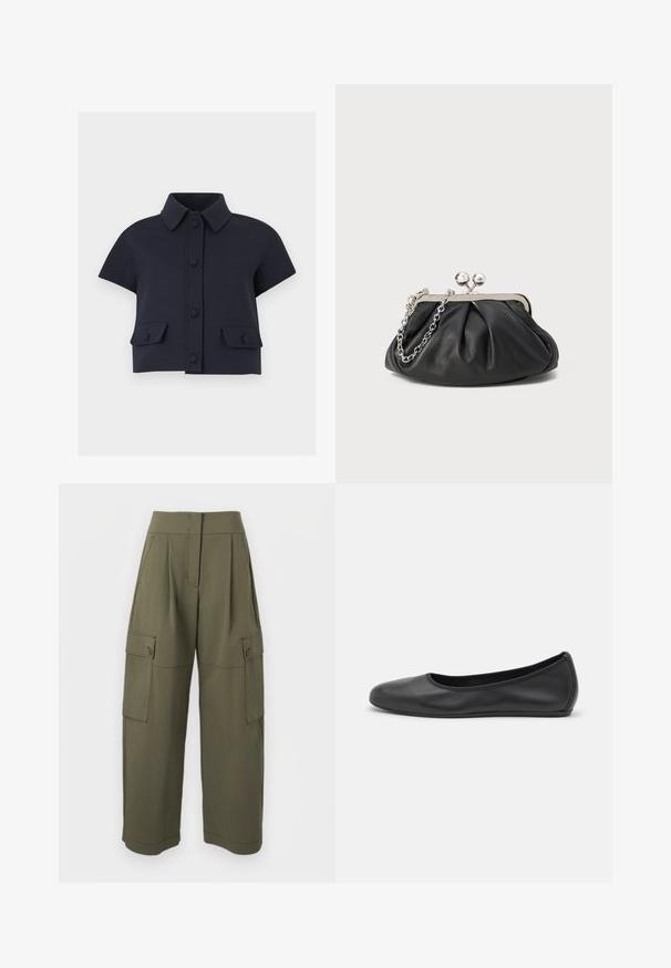 Veste courte bleu marine à manches courtes avec col pointu, fermeture boutonnée à l'avant et deux poches à rabat avec boutons.; Pantalon cargo vert olive à coupe décontractée, doté de deux poches latérales et d'une fermeture à boutons, confectionné dans un tissu léger et texturé.; Ballerines en cuir noir avec un bout rond, texture lisse, détails de couture minimalistes et design de semelle flexible.; Porte-monnaie en cuir noir avec texture froncée, cadre en métal argenté, fermeture à verrouillage kiss-lock et bandoulière en chaîne. Surface lisse et douce.