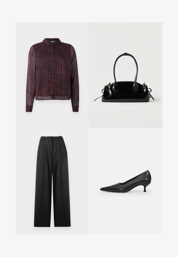 Camisa roja transparente de botones con mangas largas, que presenta un patrón de rayas onduladas, cuello y puños con un solo botón.; Pantalones de pierna ancha en patrón de cuadros gris oscuro, con cintura alta, pliegues y un ajuste estructurado. Fabricados en tela texturada.; Zapato de tacón alto de cuero negro con punta afilada, diseño curvado y un tacón delgado de 5 cm. Textura suave con mínimas decoraciones.; Pequeño bolso negro brillante con dos asas largas y detalles de cordón lateral sobre un fondo claro liso.