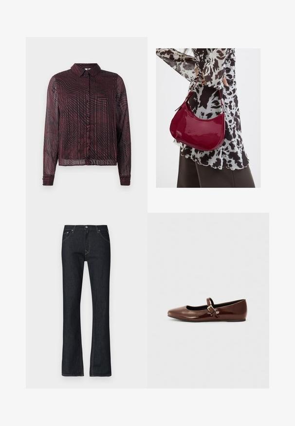 Chemise maroon transparente à boutons, à manches longues, avec un motif rayé en vagues, un col et des poignets à un seul bouton.; Jean en denim bleu foncé avec une coupe évasée, coutures jaunes, fermeture par bouton et cinq poches. Texture lisse, coupe standard.; Ballerine en cuir verni marron avec un bout carré et une lanière ornée d'une petite boucle dorée. Texture lisse, talon bas et design minimaliste.; Femme portant un chemisier à motif noir et blanc tenant un sac à main rouge brillant sur un fond uni.