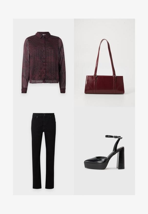 Chemise maroon transparente à boutons, à manches longues, avec un motif rayé en vagues, un col et des poignets à un seul bouton.; Jean en denim noir avec une coupe droite. Comprend cinq poches, une fermeture à bouton à l'avant et des détails de couture subtils le long des coutures.; Escarpins noirs à plateforme avec un bout pointu et une sangle réglable à la cheville. Conçus en cuir lisse, avec un large talon bloc.; Sac à main bordeaux en matériau brillant, de forme rectangulaire, avec deux anses et des accents légèrement courbés à l'avant.