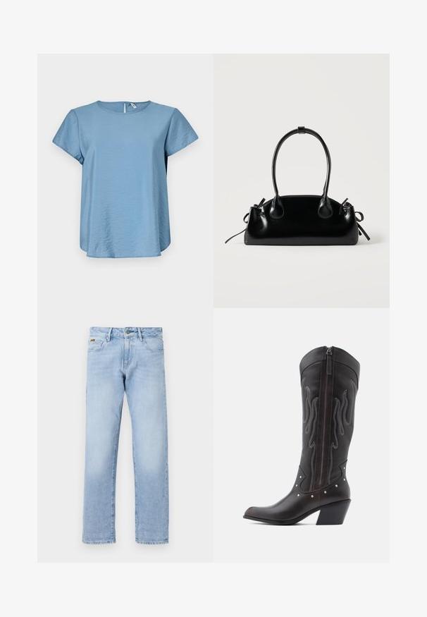 Top de manga corta azul claro con cuello redondo, hecho de una tela suave, con un brillo sutil y un cierre en la parte posterior en forma de ojal.; Jeans rectos de mezclilla de color azul claro; cuentan con un cierre frontal de botón, diseño clásico de cinco bolsillos y un ligero desgastado para añadir textura.; Botas de cowboy de cuero marrón con costuras en forma de llama, cremallera lateral, tachuelas plateadas, punta puntiaguda y tacón apilado.; Pequeño bolso negro brillante con dos asas largas y detalles de cordón lateral sobre un fondo claro liso.