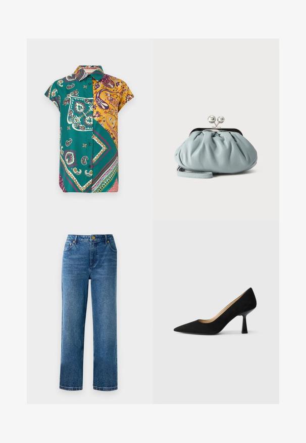 Kurzärmeliges Hemd zum Knöpfen mit grün-gelb gemustertem Paisley- und geometrischem Patchwork auf weißem Hintergrund.; Blaue hochgeschnittene Jeans mit geradem Bein, aus Denim, mit fünf Taschen und goldfarbenen Hardware-Details.; Schwarze Wildleder-Pumps mit hohem Absatz und spitzer Zehenform, ausgestattet mit einem glänzenden schwarzen Blockabsatz und einem glatten Innenfutter.; Kleine hellblaue Leder-Münztasche mit silbernem Metall-Kissenschloss und kurzem Handgelenksriemen vor einfarbigem Hintergrund.