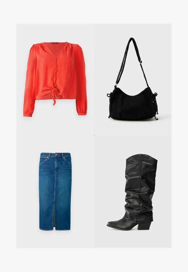 Rode blouse met lange mouwen, een V-hals en knoopsluiting aan de voorkant. Heeft een strik in de taille en een zachte, gestructureerde stof.; Denim midi-schoot in diepblauw met een voorknof, vijf zakken, oranje stiksels en een beveiligde tailleband met twee metalen knopen.; Zwarte leren laarzen tot de knie met een verslonden ontwerp, puntige neus en een chunky hak, voorzien van een zachte textuur en minimale stiksels.; Zwarte corduroy schoudertas met een gebogen vorm, een verstelbare schouderband en trekkoordsluitingen aan beide zijkanten voor maataanpassing.