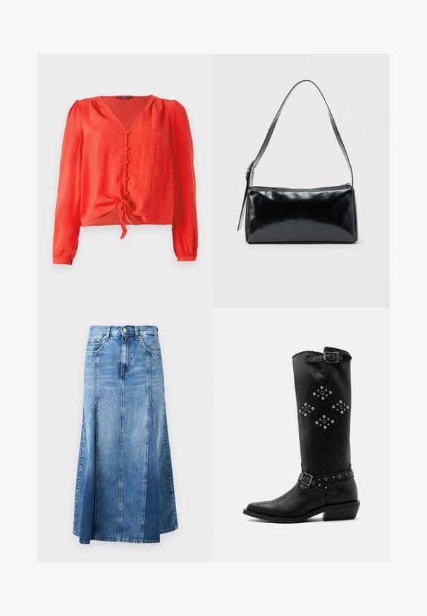 Rød langærmet bluse med V-hals og knaplukning foran. Har et bånd i taljen og blødt, tekstureret stof.; Denim nederdel med en lys til mørk blå gradient, knælængde, med lige snit, frontslids og klassisk knap- og lynlås-lukning.; Sort læder midt på kalv støvle med sølv nitter i diamantmønstre, spænder nær toppen og anklen, og en lav skråt hæl.; Sort rektangulær skuldertaske med en enkelt justerbar rem og lynlås i toppen på en ensfarvet baggrund.
