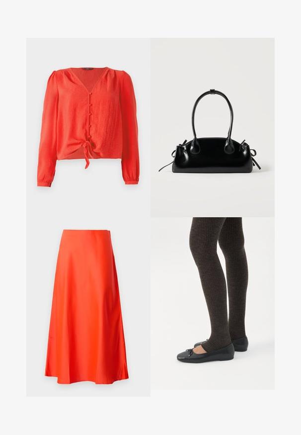 Blouse rouge à manches longues avec un décolleté en V et une fermeture à boutons sur le devant. Dotée d'un lien à la taille et d'un tissu doux et texturé.; Jupe midi en satin rouge avec une texture lisse, une silhouette en A et un léger évasement à l'ourlet. Pas de motifs visibles ni d'embellissements.; Jambes portant des leggings côtelés foncés associés à des ballerines noires avec de petits détails en nœud sur fond blanc.; Petit sac à main noir brillant avec deux longues anses et des détails à cordon sur les côtés sur un fond clair uni.