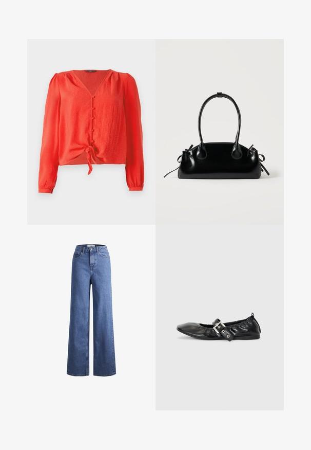 Rote Bluse mit langen Ärmeln, V-Ausschnitt und vorderem Knopfverschluss. Sie hat einen Bindegürtel in der Taille und besteht aus einem weichen, strukturierten Stoff.; Helleblaue Denim-Weite-Leg-Jeans mit hoher Taille, zwei vorderen Taschen und sichtbarer Naht. Mit Knopf- und Reißverschluss.; Schwarze Leder-Ballerinas mit spitzem Zehenbereich, gerafften Details am Schaft und einem silbernen Schnallenakzent am verstellbaren Riemen.; Kleine schwarze glänzende Handtasche mit zwei langen Griffen und seitlichen Kordelzug-Details vor einfachem hellem Hintergrund.