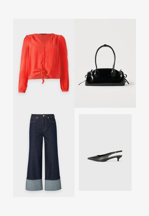 Rote Bluse mit langen Ärmeln, V-Ausschnitt und vorderem Knopfverschluss. Sie hat einen Bindegürtel in der Taille und besteht aus einem weichen, strukturierten Stoff.; Weite Jeans aus dunklem Denim mit einem helleren Denimabschluss. Das Design umfasst Fronttaschen und kontrastierende Nähte.; Schwarzer Slingback-Schuh mit spitzem Zehenbereich aus glattem Leder. Mit einem dünnen Absatz und einer dekorativen Schnalle am verstellbaren Riemen.; Kleine schwarze glänzende Handtasche mit zwei langen Griffen und seitlichen Kordelzug-Details vor einfachem hellem Hintergrund.