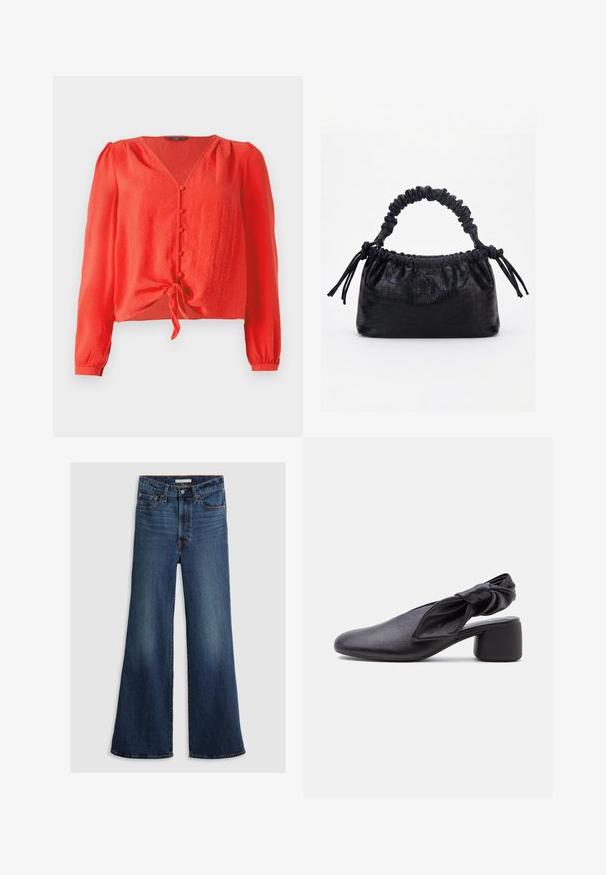 Rote Bluse mit langen Ärmeln, V-Ausschnitt und vorderem Knopfverschluss. Sie hat einen Bindegürtel in der Taille und besteht aus einem weichen, strukturierten Stoff.; Weite Jeans aus dunkelblauem Denim mit hoher Taille, Fünf-Taschen-Design und kontrastierenden Nähten entlang der Nähte und des Bunds.; Schwarzer Leder-Slingback-Schuh mit abgerundeter Spitze, einem geknoteten Riemendetail und niedrigem Blockabsatz auf weißem Hintergrund.; Schwarze Handtasche mit Krokodilstruktur, gerafftem oberen Rand, zusammengezogenem Griff und Zugkordeln mit Quasten an jeder Seite vor weißem Hintergrund.