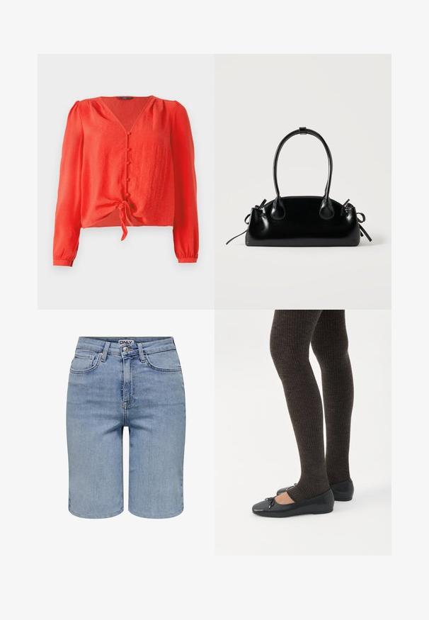 Rød langærmet bluse med V-hals og knaplukning foran. Har et bånd i taljen og blødt, tekstureret stof.; Lyseblå denimshorts med forlommer, bæltestropper, en metalknap og en lynlåslukning.; Ben iført mørke ribbede leggings kombineret med sorte balletsko med små sløjfedetaljer på hvid baggrund.; Lille sort blank håndtaske med to lange håndtag og snøre-detaljer i siden på en ensfarvet lys baggrund.