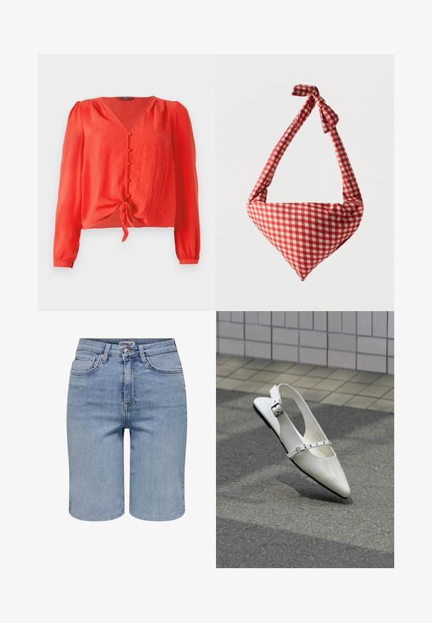 Rode blouse met lange mouwen, een V-hals en knoopsluiting aan de voorkant. Heeft een strik in de taille en een zachte, gestructureerde stof.; Lichtblauwe denim shorts met voorzakken, riemlussen, een metalen knoop en een ritssluiting.; Witte puntige slingback platte schoen met twee zilveren gespen, getoond buiten op een getextureerde ondergrond en betegelde muur als achtergrond.; Zachte stoffen schoudertas met rood-wit geruit patroon, geknoopte handgreep en driehoekige vorm tegen een effen achtergrond.