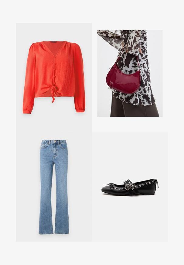 Rote Bluse mit langen Ärmeln, V-Ausschnitt und vorderem Knopfverschluss. Sie hat einen Bindegürtel in der Taille und besteht aus einem weichen, strukturierten Stoff.; Helle blaue Denim-Jeans mit einem ausgestellten Beindesign, hoher Taille und minimalen Verzierungen. Verfügt über einen klassischen Fünf-Taschen-Stil und dezente Nähte.; Schwarzer flacher Ballettschuh mit doppelten Schnallenriemen, silbernen Ösen und einer kleinen Schleife nahe der abgerundeten Spitze auf weißem Hintergrund.; Frau trägt eine schwarz-weiß gemusterte Bluse und hält eine glänzende rote Schultertasche vor einem einfarbigen Hintergrund.