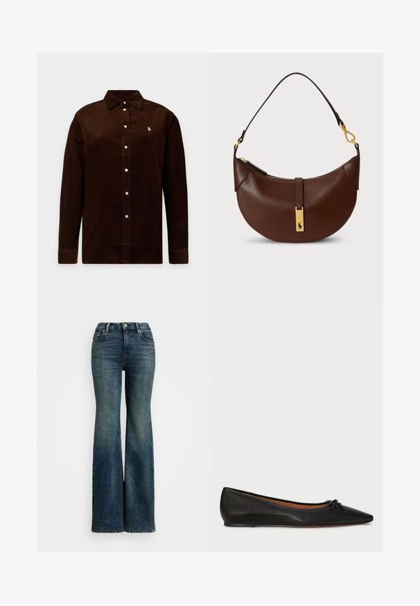 Donkerbruine corduroy blouse met lange mouwen, knoopsluiting aan de voorkant en een klein geborduurd logo op de linkerbuste.; Flared blauwe denim jeans met een hoge taille, voorzien van vijf zakken en stiksels als accent. De stof heeft een klassieke vervaagde textuur.; Zwarte leren balletschoenen met een spitse neus, slanke silhouet en een klein strikdetail aan de voorkant. Gladde textuur en minimalistisch ontwerp.; Bruine leren handtas met een gebogen vorm, gouden metalen accenten, ritssluiting en een klein logo op de voorkant.