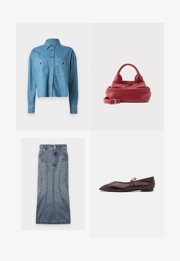 CLOSED CROPPED FRONT OVERSIZED - Nööpidega pluus - mid blue; Sportmax CASA - Teksaseelik - blue azure; Burgundia läikivast nahast ballerina kingad, terava ninaga ja dekoratiivse lilla sõlmega vamps; lame tallaga disain.; Punane tekstuurse nahaga käekott kahe ümarate sangade ja eemaldatava rihmaga, millel on hõbedane pandla, valgel taustal.