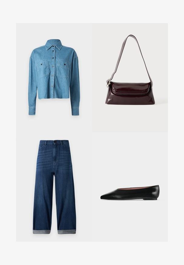 CLOSED CROPPED FRONT OVERSIZED - Skjortebluser - mid blue; Mørkeblå vide denimjeans med opsmøgede hems, frontknap og lommer mod en ensfarvet lys baggrund.; Sort damesko i læder med flad hæl og spids tå, vist fra siden på en ensfarvet lys grå baggrund.; Mørk bordeaux skuldertaske i læder med klaplukning og en tynd justerbar rem, vist på en ensfarvet lys baggrund.
