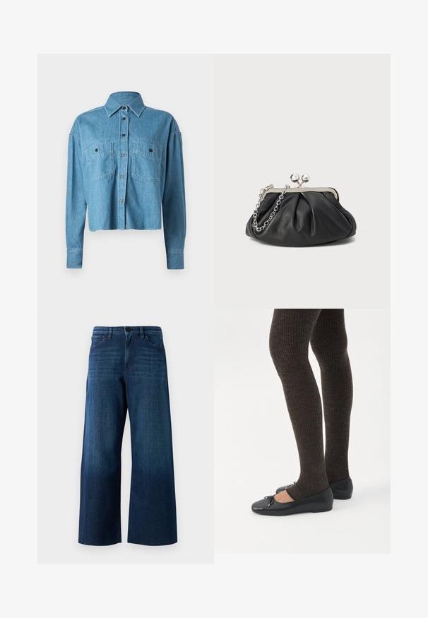 CLOSED CROPPED FRONT OVERSIZED - Skjortebluser - mid blue; Bredde ben mørkeblå denimjeans med frontknap, bæltestropper og klassisk fem-lomme design på ensfarvet baggrund.; Ben iført mørke ribbede leggings kombineret med sorte balletsko med små sløjfedetaljer på hvid baggrund.; Sort læder clutch med samlet tekstur, sølvfarvet metalramme, kys-lås lukning og kædestrop. Glat, blød overflade.