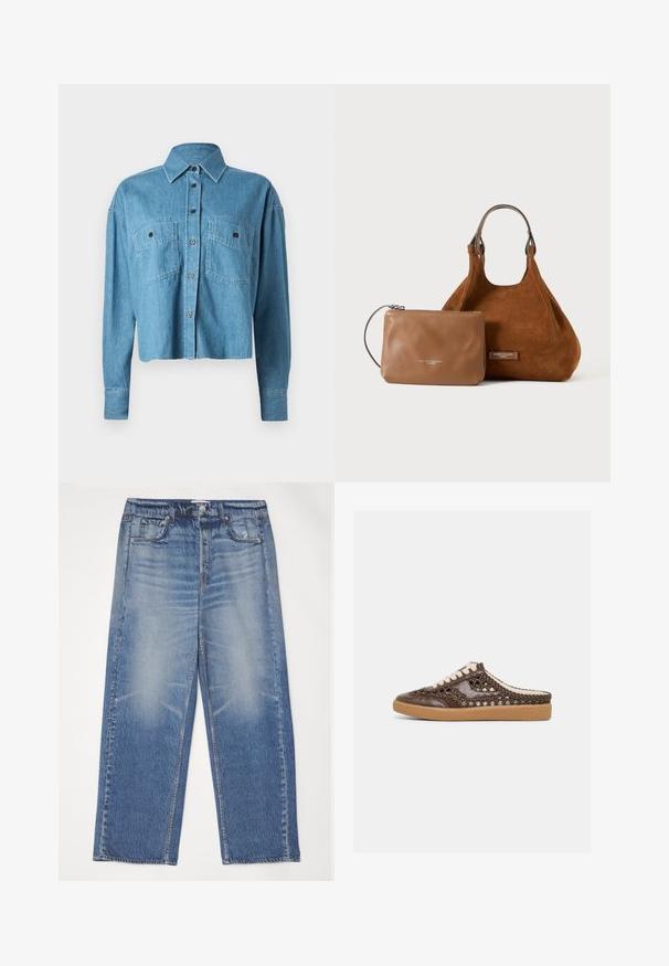 CLOSED CROPPED FRONT OVERSIZED - Πουκαμίσα με κουμπιά - mid blue; Μπλε τζιν παντελόνι με άνετη εφαρμογή, ξεθωριασμένο μπροστινό μέρος, πέντε τσέπες και κλείσιμο με κουμπί. Διαθέτει ασημένιο κουμπί και αντίθετη ραφή.; Καφέ υφαντό δερμάτινο αθλητικό παπούτσι slip-on με λευκά κορδόνια και ταμπά λάστιχο σόλα, εμφανίζεται σε προφίλ σε απλό φωτεινό φόντο.; Καφέ τσάντα σουέντ με λαβές σε σχήμα θηλιάς και μικρότερο δερμάτινο πορτοφόλι με φερμουάρ σε μαύρο χρώμα, τοποθετημένα μπροστά σε λευκό φόντο.