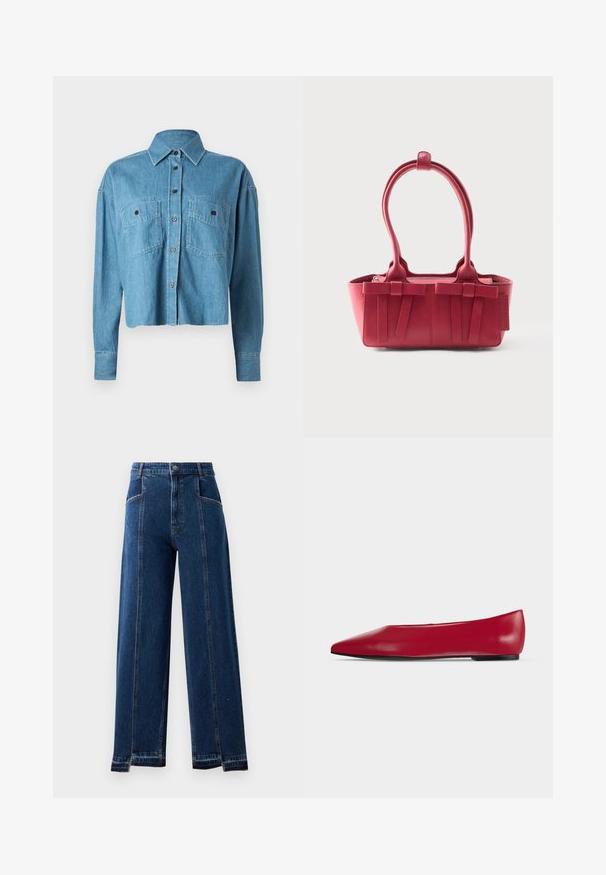CLOSED CROPPED FRONT OVERSIZED - Blúzka so zapínaním na gombíky - mid blue; Džíny s vysokým pásom a širokými nohavicami v tmavomodrom denimovom materiáli, s prednými vreckami, kontrastným šitím a rozstrapkaným lemom.; Červená kožená balerína s ostrou špičkou, čiernou podrážkou a nízkym podpätkom, zobrazená z profilu na jednoduchom svetlom pozadí.; Červená kožená kabelka s dvoma hornými rúčkami, dekoratívnymi prednými mašľami a visačkou na boku na bielom pozadí.