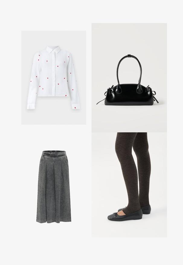 Blusa blanca de manga larga con botones, con patrones de corazones bordados en rojo y cuello puntiagudo, mostrada sobre un fondo neutral.; Falda de mezclilla gris con pliegues, cinturilla elástica, de longitud a la rodilla y con una superficie texturizada. Diseño simple sin patrones o adornos visibles.; Piernas con leggings oscuros acanalados combinados con bailarinas negras que presentan pequeños detalles de lazo sobre un fondo blanco.; Pequeño bolso negro brillante con dos asas largas y detalles de cordón lateral sobre un fondo claro liso.