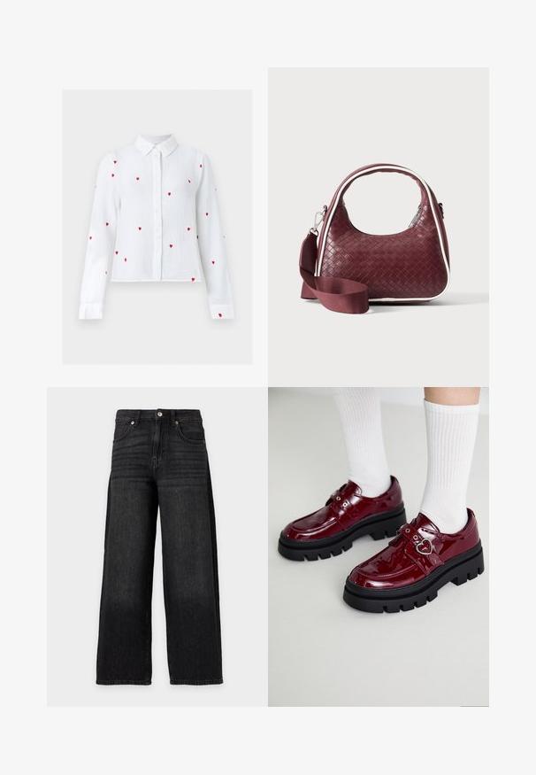 Blouse blanche à manches longues avec boutons, motifs de cœurs rouges brodés et col pointu, présentée sur un fond neutre.; Jean noir à jambes larges, taille haute, fermeture à bouton et zip, poches avant et détails subtilement délavés.; Chaussures en cuir verni bordeaux avec une semelle noire épaisse, double sangle avec un détail en forme de cœur, et des chaussettes blanches à côtes. Design rétro avec une traction épaisse.; Sac à main en cuir tressé marron foncé avec poignée courbée, garniture blanche, fermeture éclair argentée et bandoulière large en tissu amovible sur fond uni.