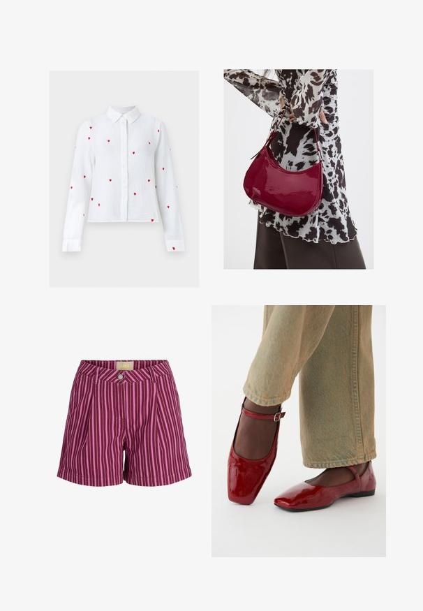 Hvid langærmet bluse med knapper, dekoreret med røde broderede hjerte-mønstre og en spids krave, vist på en neutral baggrund.; Lilla og pink vertikalt stribede shorts med knaplukning og bæltestropper, med forreste plisseringer og et JJXX-brandmærke inde i linningen.; Røde patentlæder sko med firkantet tå, lav hæl og ankelrem, parret med lysegrønne vide bukser. Glat tekstur, reflekterende overflade.; Kvinde iført en sort- og hvidmønstret bluse, der holder en blank rød skuldertaske mod en ensfarvet baggrund.