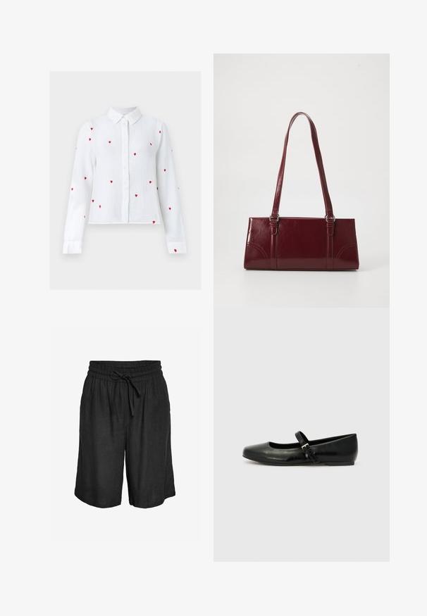 Blouse blanche à manches longues avec boutons, motifs de cœurs rouges brodés et col pointu, présentée sur un fond neutre.; Shorts noirs coupe décontractée arrivant au genou avec taille élastique et cordon noué à l'avant, en tissu léger.; Ballerines en cuir noir avec un bout arrondi, une semelle plate et une fine sangle ajustable sur le cou-de-pied avec une boucle en métal.; Sac à main bordeaux en matériau brillant, de forme rectangulaire, avec deux anses et des accents légèrement courbés à l'avant.