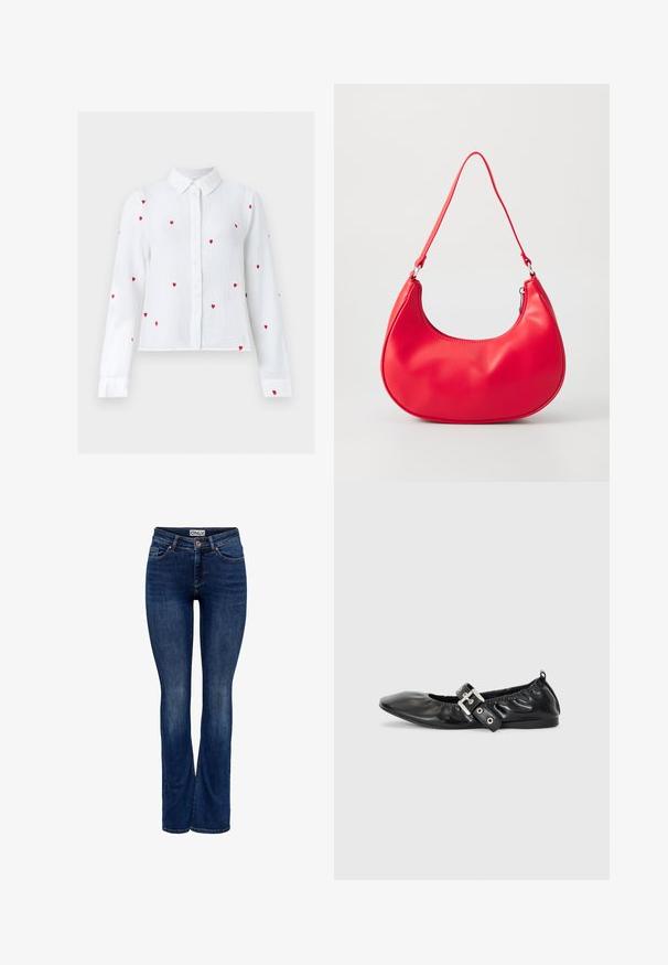 Hvid langærmet bluse med knapper, dekoreret med røde broderede hjerte-mønstre og en spids krave, vist på en neutral baggrund.; Mørkeblå denim jeans med let falming, fem-pockets design, knaplukning og bootcut benstil, mærket "ONLY" på linningen.; Sorte læder flade sko med spids tå, samling detaljer omkring åbningen, og en sølv spænde accent på den justerbare rem.; Rød syntetisk læder skuldertaske med en buet form, slank rem og lynlås lukning. Glat tekstur med synlige syninger.