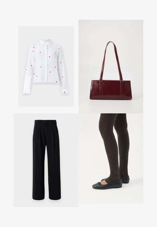 Blusa blanca de manga larga con botones, con patrones de corazones bordados en rojo y cuello puntiagudo, mostrada sobre un fondo neutral.; Pantalones rectos de tiro alto en negro con piernas anchas, presillas para cinturón y pliegues en la parte delantera sobre un fondo blanco.; Piernas con leggings oscuros acanalados combinados con bailarinas negras que presentan pequeños detalles de lazo sobre un fondo blanco.; Bolso burdeos hecho de material brillante, de forma rectangular, con dos asas para el hombro y sutiles acentos curvados en la parte frontal.