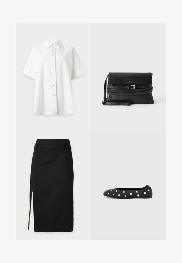 Chemise blanche à manches courtes avec boutons et col pointu, présentée sur un fond gris clair.; Jupe crayon noire taille haute avec fente latérale, trois boutons recouverts et détail de passants de ceinture assortis à la taille.; Chaussure ballerine noire à bride élastique à l'arrière, ornée de gros clous ronds argentés dispersés sur le dessus, vue de profil sur fond blanc.; Sac bandoulière en cuir noir avec rabat, fine bandoulière ajustable et ceinture décorative avec boucle dorée à l'avant.