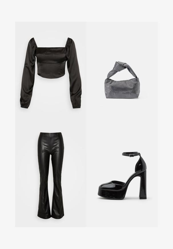 Blusa corta negra hecha de satén suave, con escote cuadrado y mangas largas abullonadas con puños elásticos.; ONLY ONLIDINA FLARE PANT - Pantalones - black; Zapatos de tacón de charol negro con plataforma y correa al tobillo, punta redondeada y tacón cuadrado, que muestran una textura lisa y brillante.; Bolso de mano negro y plateado con una superficie texturizada que presenta un patrón de diamante, un asa anudada y una forma estructurada.