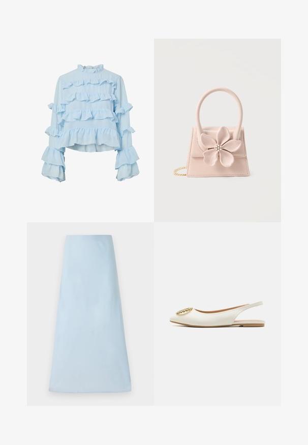 Lichtblauwe blouse met gerimpelde lagen op het lichaam en de mouwen, met een hoge kraag en lange mouwen, gemaakt van een lichtgewicht stof.; Lichtblauwe A-lijn rok van een soepele stof, met een strak design zonder zichtbare patronen of accenten, die tot halverwege de benen reikt.; Witte leren slingback ballerina's met een puntige neus en een grote gouden ovale accent met rhinestones aan de voorkant. Platte tan kleurige zool.; Kleine lichtroze handtas met een grote bloemdecoratie met parel- en strass-steencentrum, een handvat aan de bovenkant en een gouden kettingriem.