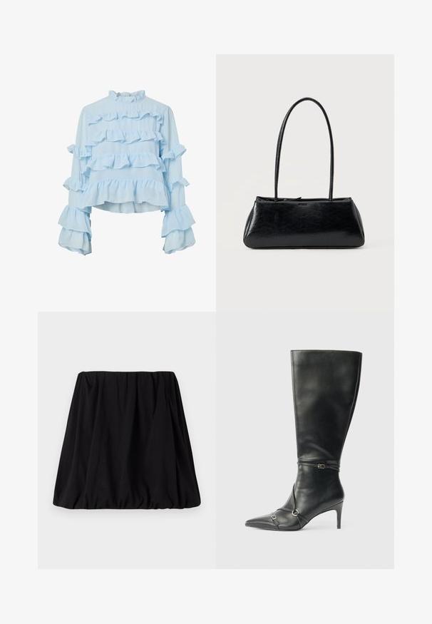 Blusa azul claro con volantes en el cuerpo y las mangas, con un cuello alto y mangas largas, hecha de una tela ligera.; Falda negra, acampanada, hecha de una tela suave, con una cinturilla elástica y una silueta voluminosa. Sin patrones ni adornos visibles.; Botas negras de cuero hasta la rodilla con tacón delgado, punta afilada y detalles de diseño con correas en el tobillo. Textura suave y diseño ajustado.; Bolso de hombro rectangular negro con correas largas y delgadas y una textura lisa y brillante sobre un fondo liso.
