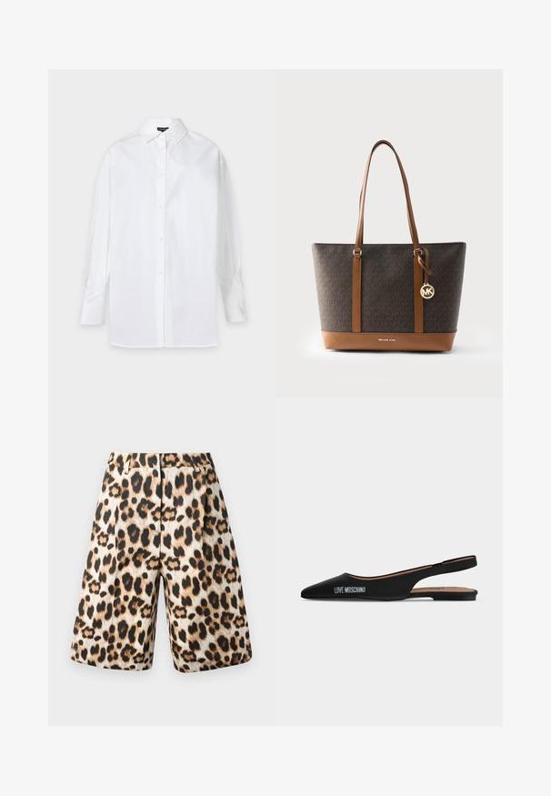 Wit overhemd met lange mouwen, knoopsluiting, puntige kraag en knoopmanchetten, weergegeven tegen een effen lichte achtergrond.; Luipaardprint shorts met een mix van beige en zwarte tinten, geplooid ontwerp en zijzakken. Gemaakt van een soepele stof met een glanzende afwerking.; Zwarte puntige slingback platte schoen met lage hak en "LOVE MOSCHINO"-logo aan de zijkant tegen een effen lichte achtergrond.; Michael Kors shopper met donkerbruin patroon op de body, lichtbruine leren riemen en onderkant, gouden MK-logo hanger aan het handvat.