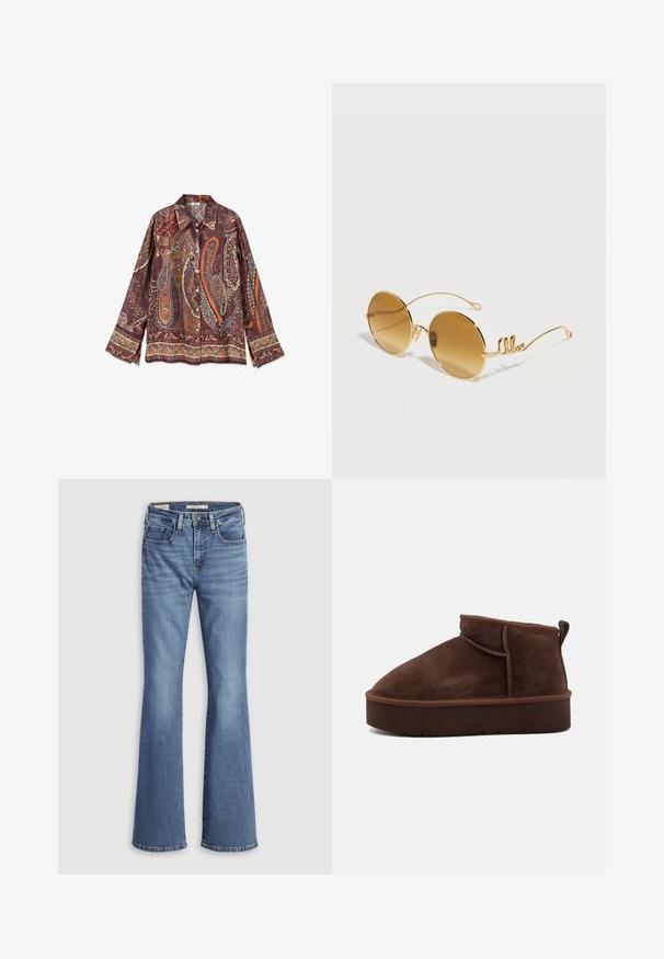 Langärmeliges Hemd mit Knöpfen und weitem Kragen, mit einem detaillierten Paisley-Muster in Braun-, Orange-, Blau- und Beigetönen.; Hellblaue Jeans aus Denim mit ausgestelltem Bein und hoher Taille, ausgestattet mit fünf Taschen, kontrastierenden Nähten und weicher Textur.; Braune Wildleder-Stiefelette mit runder Spitze, weicher Oberfläche und dicker Plattformsohle. Verfügt über dezente Nähte und eine Lasche an der Rückseite.; Runde Sonnenbrille mit goldgerahmten Gläsern, braun getönten Gläsern und dünnen Bügeln, die auf jeder Seite eine dekorative, in Schreibschrift gehaltene "like"-Verzierung aufweisen.