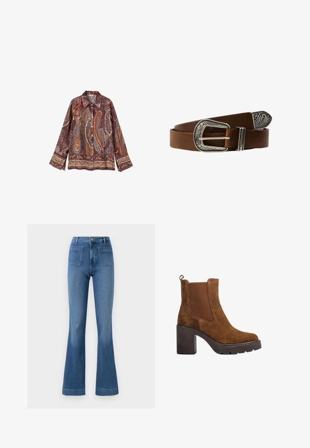 Overhemd met lange mouwen en knopen met een brede kraag, voorzien van een gedetailleerd paisley patroon in bruine, oranje, blauwe en beige tinten.; Gelaste blauwe spijkerbroeken van denim met een middellange taille, voorzien van twee achterzakken en een schone zoom. Soepele textuur en klassiek ontwerp.; Bruine suède enkellaars met grove zwarte hak, elastisch zijpaneel en trekstreep aan de achterkant, zijaanzicht op witte achtergrond.; Bruine leren riem met een sierlijke zilveren gesp met gegraveerde ontwerpen. Het leder heeft een gladde textuur met een gepolijste afwerking.