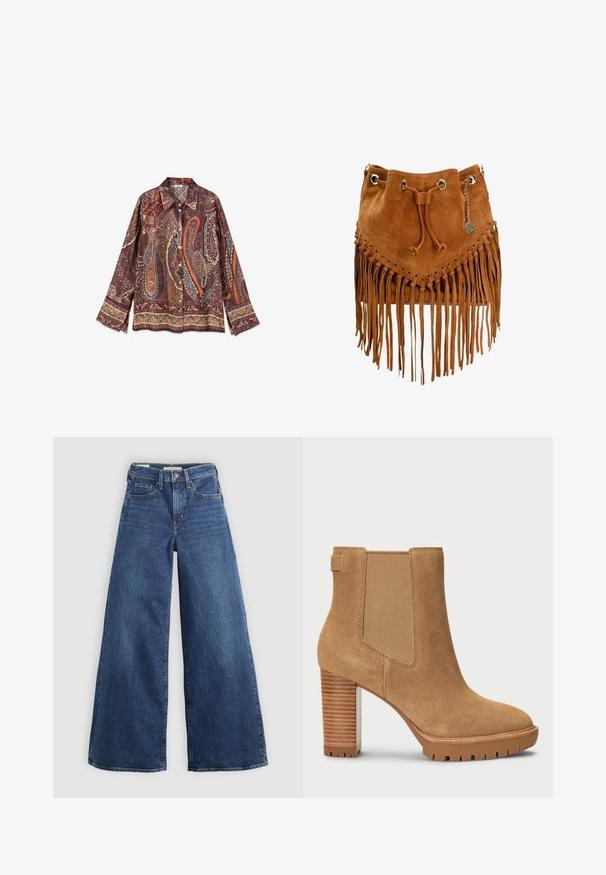 Langärmeliges Hemd mit Knöpfen und weitem Kragen, mit einem detaillierten Paisley-Muster in Braun-, Orange-, Blau- und Beigetönen.; Weite blaue Jeans aus Denim mit fünf Taschen, einem Knopfverschluss und Kontrastnähten, die eine weiche und strukturierte Oberfläche aufweisen.; Beige Wildlederschuh mit Blockabsatz, elastischem Seiteneinsatz und Gummisohle mit Profil für besseren Halt.; Braune Wildleder-Eimer-Tasche mit Fransen, Kordelzugverschluss, Metallösen und einem Anhänger. Verfügt über eine strukturierte Oberfläche und ein dreieckiges Design auf der Vorderseite.