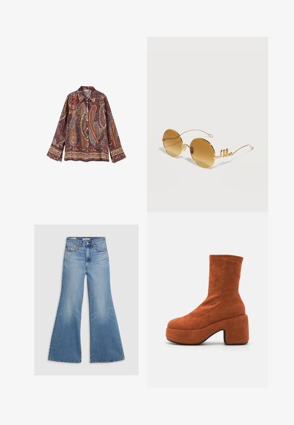 Overhemd met lange mouwen en knopen met een brede kraag, voorzien van een gedetailleerd paisley patroon in bruine, oranje, blauwe en beige tinten.; Licht gewassen denim flared jeans met een hoge taille, voorzakken en bronzen hardware. De stof heeft een vervaagde textuur met een gladde afwerking.; Bruine suède enkellaarsjes met een blokhak en plateauzool. Het bovenwerk heeft een gladde textuur en naaddetails, die tot halverwege de kuit reiken.; Ronde zonnebril met goudkleurige montuur, bruine getinte glazen en dunne pootjes met een sierlijke, cursieve "like" detail aan elke kant.