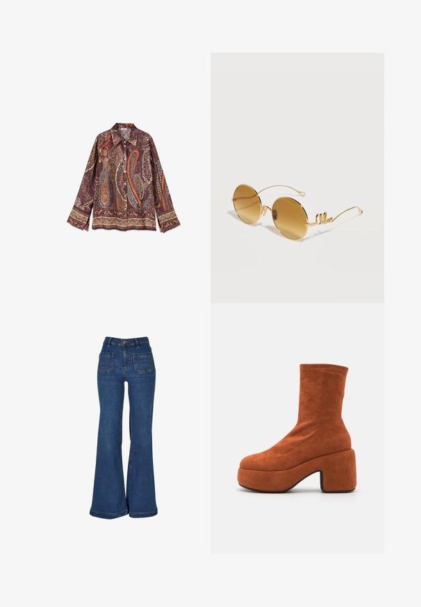 Overhemd met lange mouwen en knopen met een brede kraag, voorzien van een gedetailleerd paisley patroon in bruine, oranje, blauwe en beige tinten.; Blauwe denim jeans met een hoge taille, brede wijde pijpen, voorvakken met inzetstukken, riemlussen en een knoopsluiting.; Bruine suède enkellaarsjes met een blokhak en plateauzool. Het bovenwerk heeft een gladde textuur en naaddetails, die tot halverwege de kuit reiken.; Ronde zonnebril met goudkleurige montuur, bruine getinte glazen en dunne pootjes met een sierlijke, cursieve "like" detail aan elke kant.