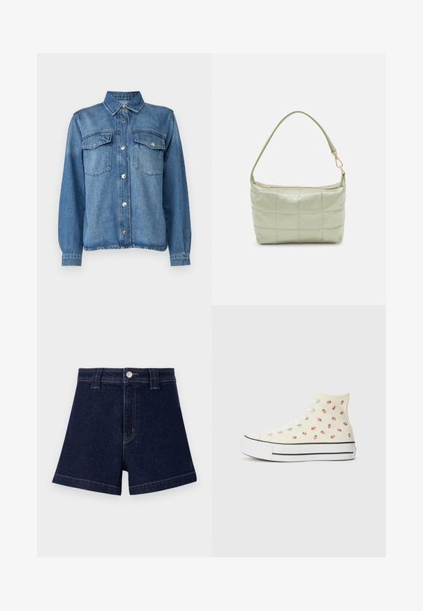 Lysblå denimjakke med frontlukning med knapper, to brystlommer, spidse kraver og lange ærmer med knapmanchetter.; Mørkeblå denimshorts med klassisk snit, fem-lomme design og kontrastfarvet gul syning samt metalknaplukning.; Høje sneakers lavet af gul lærred, med et mønster af små røde jordbær, hvide snørebånd og en hvid sål med sorte striber.; Polstret grøn skuldertaske med blød tekstur, rektangulær form, enkelt strop og lynlås i guldtoner. Har et quiltet mønster.