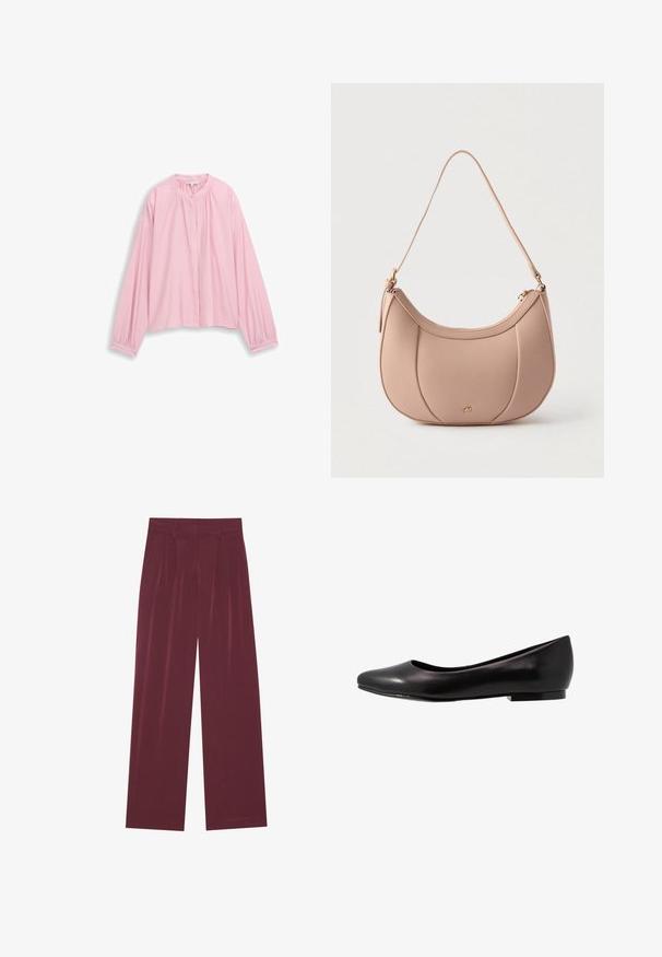 Blouse rose à manches longues avec un col mandarin, présentant un tissu froncé au niveau du col et une fermeture à boutons sur le devant. Texture lisse.; Pantalons larges bordeaux avec plis à l'avant, poches latérales, passants de ceinture et fermeture dissimulée à l'avant.; Ballerine noire en cuir verni avec un bout arrondi et une semelle basse et plate. Sa texture est lisse avec un design simple et épuré.; Sac à main en cuir beige en forme de croissant avec une bandoulière unique, une fermeture éclair dorée et un petit logo doré sur le panneau central avant.