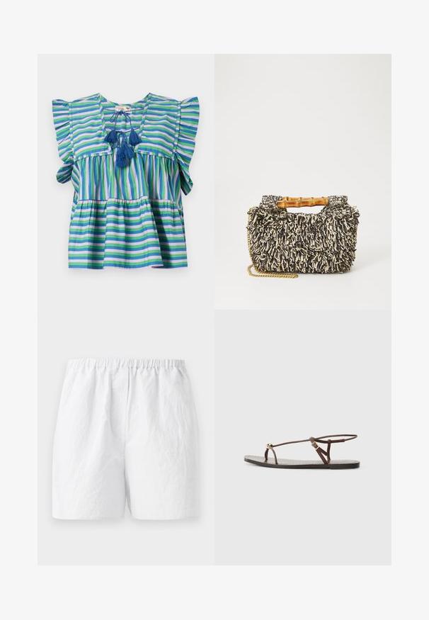 Blusa de algodón a rayas con mangas cortas con volantes, que presenta rayas en azul, verde y púrpura, y tres borlas azules en el cuello.; Pantalones cortos blancos con cinturilla elástica, confeccionados con una tela texturizada y un corte relajado. Diseño simple, sin patrones ni adornos.; Sandalia de cuero marrón con tiras finas, un acento circular dorado y suela plana. Diseño minimalista con un detalle de hebilla ajustable.; Bolso tejido con un patrón texturizado en negro y crema, asa de bambú y una correa de cadena dorada removible. Forma rectangular compacta.